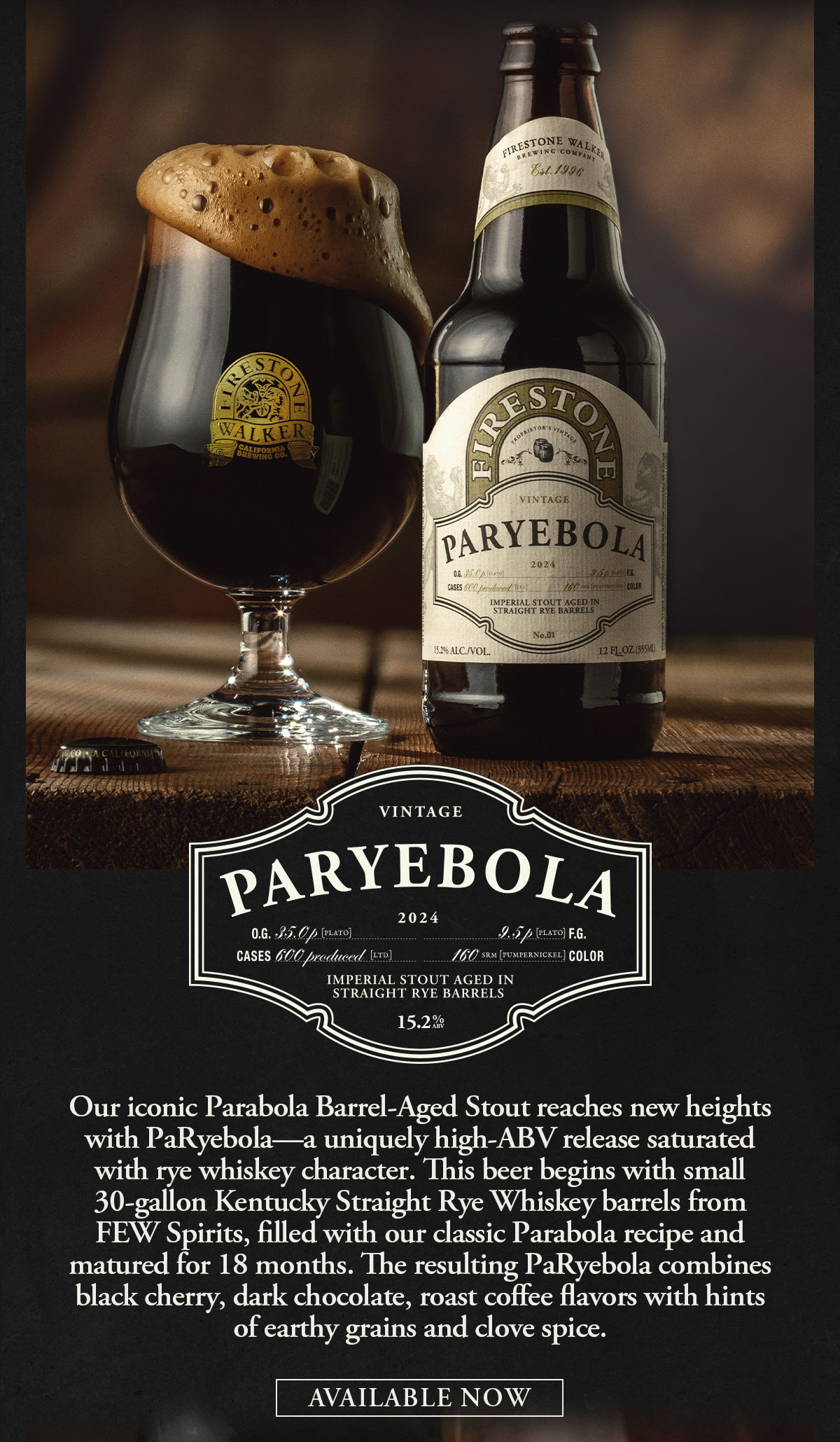 his image showcases Firestone Walker's PaRyebola, a 2024 vintage Imperial Stout aged in straight rye barrels. The beer, part of the Brewmaster's Collective, is described as a high-ABV release with a strong rye whiskey character. It starts with 30-gallon Kentucky Straight Rye Whiskey barrels from FEW Spirits, then matures for 18 months with Firestone Walker's classic Parabola recipe. The result is a rich stout featuring flavors of black cherry, dark chocolate, roasted coffee, and hints of earthy grains and clove spice. The text emphasizes the beer's availability with an "Available Now" call to action