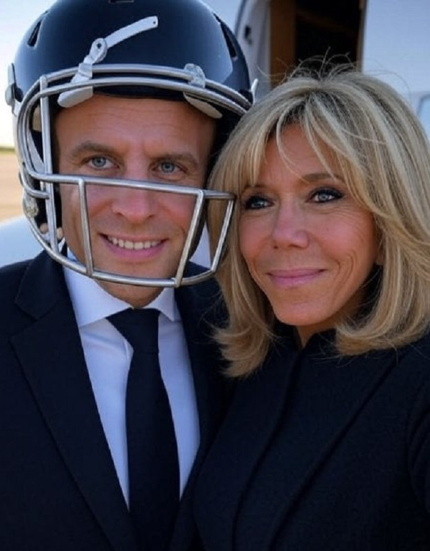 Finny picture of Macron wearing protective clothing.