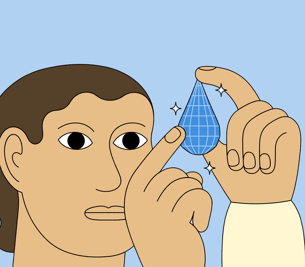 An illustration of a person touching a large teardrop with both hands.