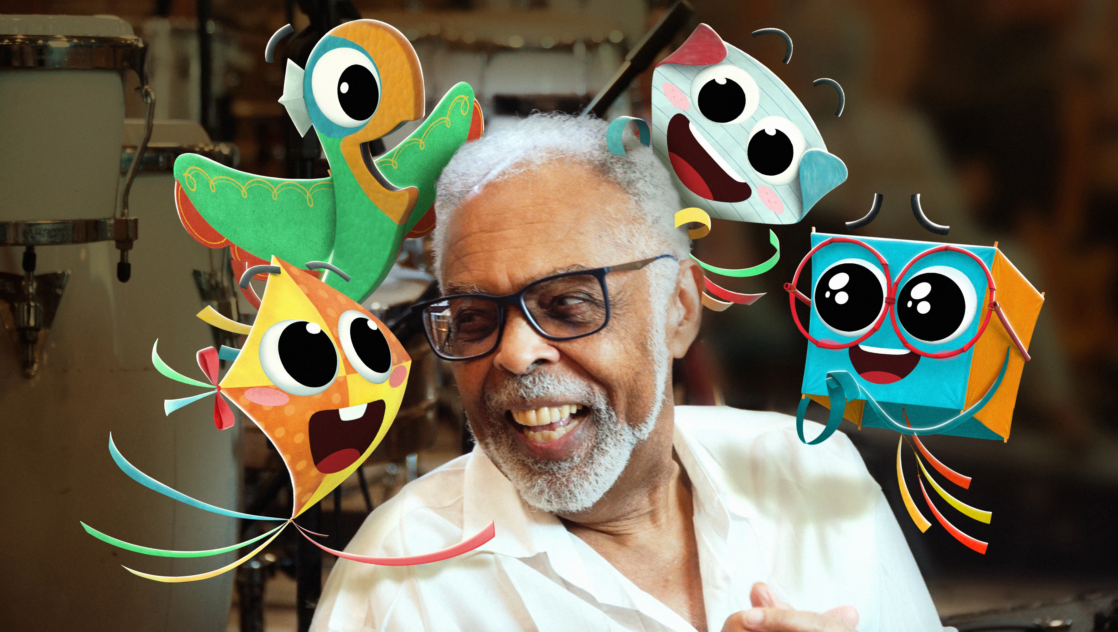 Gilberto Gil e os personagens Peixinho, Papagaio, Capu e Dado.