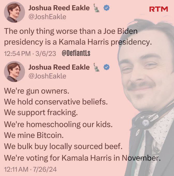 Hypocrite Josh Eakle hateds Harris then advocates voting for her.