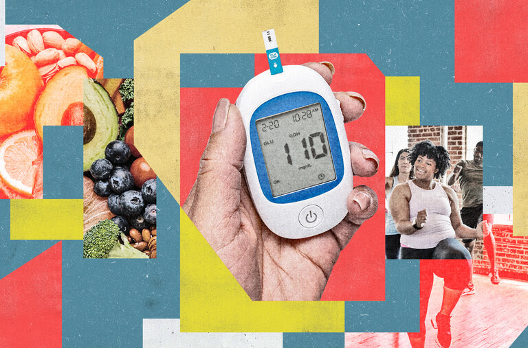 A collage illustration of a hand holding a glucose monitor, an image of a person in an exercise class and an image of healthy fruits and nuts.