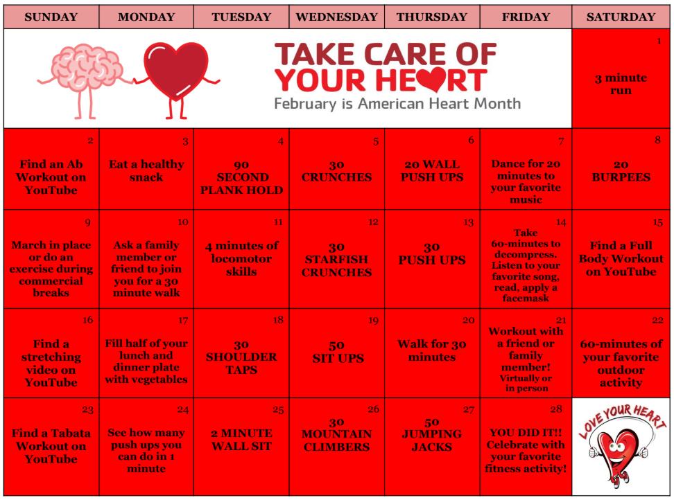 February Calendar with daily challenges to help kids care for their hearts