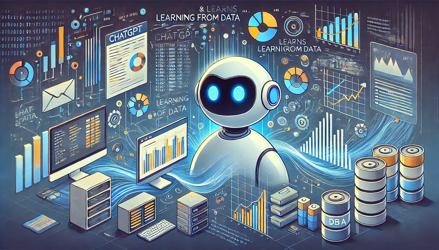 An illustration for an article about ChatGPT, highlighting the concept of learning from data. Show a friendly, intelligent chatbot with a sleek, modern interface surrounded by flowing data streams, charts, graphs, and digital text. The background should depict a high-tech environment with elements like servers, databases, and code snippets. The atmosphere should emphasize the data-driven nature of ChatGPT, showcasing how it processes and learns from vast amounts of information to provide accurate and helpful responses.