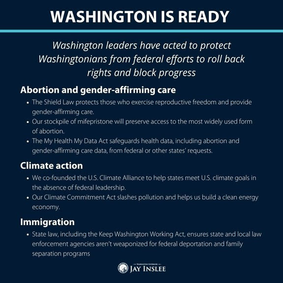 Dark blue graphic with white text Washington leaders have acted to protect Washingtonians from federal efforts to roll back rights and block progress