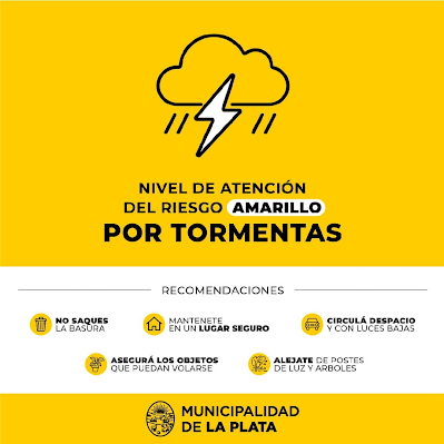 Aviso de Nivel de Riesgo Amarillo en La Plata por tormentas Intensas y lluvias variadas