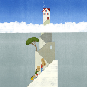 illustration of people climbing up steps to a house above the clouds