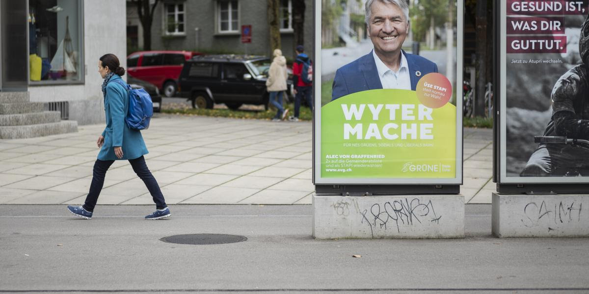 Ein Wahlplakat von Alec von Graffenried, bisheriger und wiederkandidierender Stadtpraesident der Gruenen Freien Liste, am Samstag, 19. Oktober 2024 in Bern. In der Stadt Bern finden am 24. November Stadtrats- und Gemeinderatswahlen statt. (KEYSTONE/Alessandro della Valle)