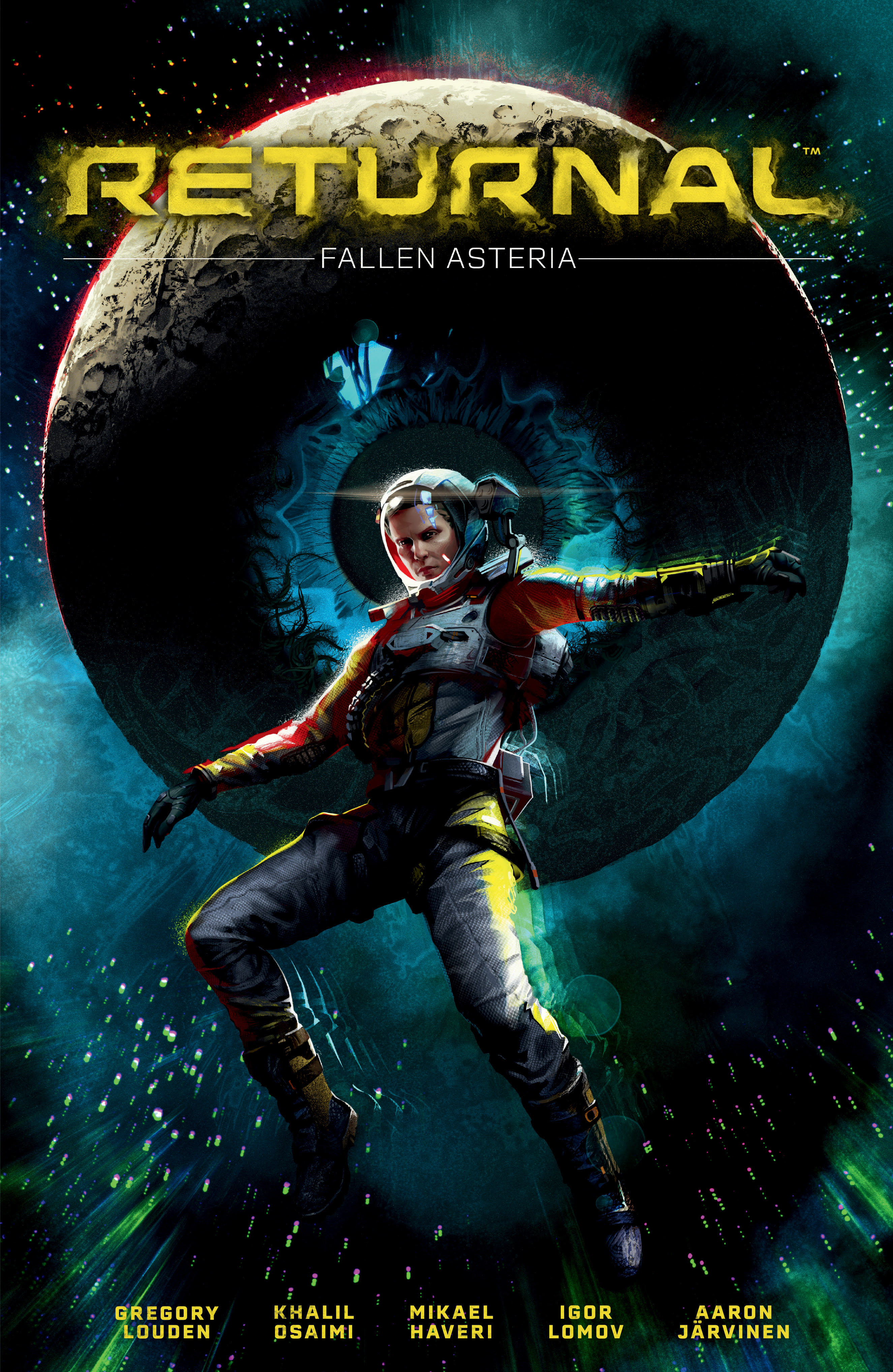Returnal: Fallen Asteria Cover with Selene falling through space in front of a planet with an eye in the center.