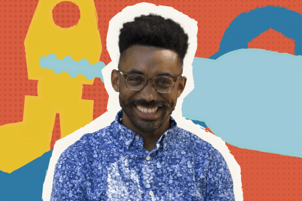 Author Terry J. Stokes wears a blue shirt and glasses and smiles before a colorful background