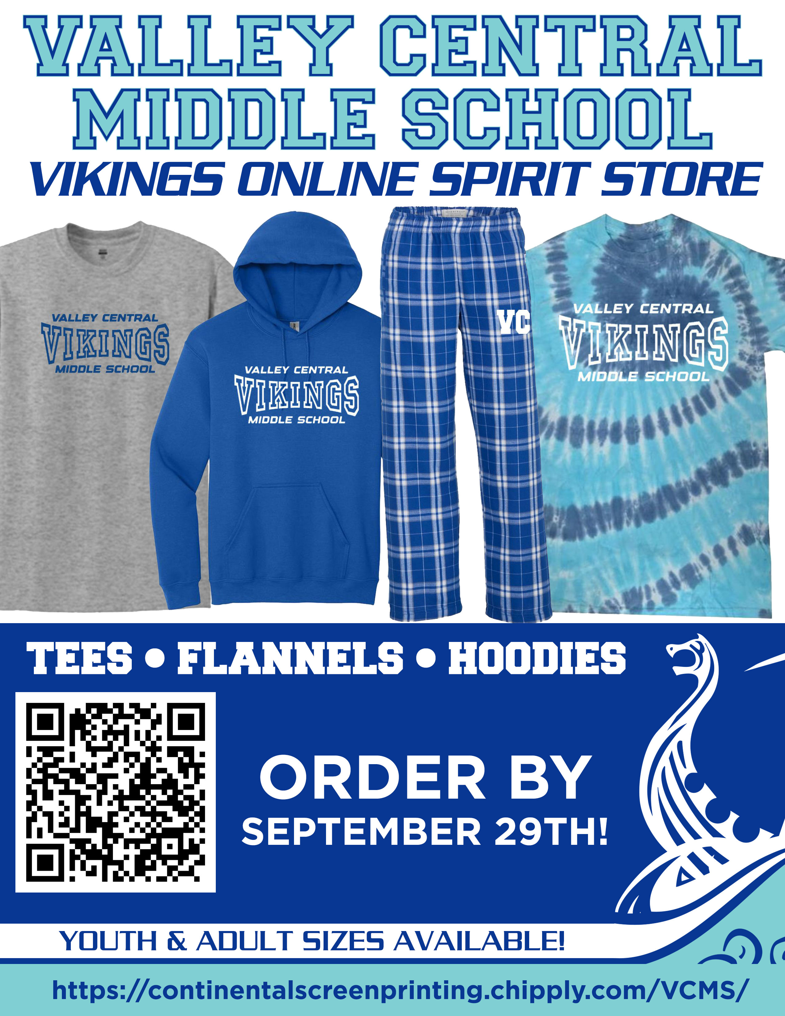 Valley Central Middle School Vikings Online Spirit Store, Tees, Flannels, Hoodies, Order by September 29th, Youth & Adult Sizes Available! https://continentalscreenprinting.chipply.com/VCMS