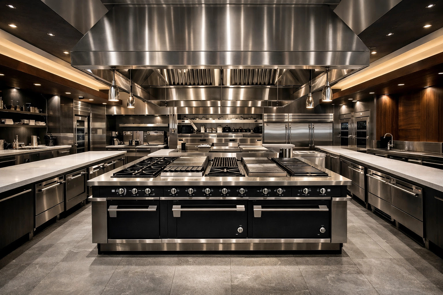 Efficient commercial kitchen island layout with high-performance cooking equipment and prep stations.