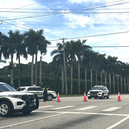 Sheriff vehicles are pictured near Trump International Golf Club, Sunday. Sept. 15, 2024, in West Palm Beach, Fla., after gunshots were reported in the vicinity of Republican presidential candidate former President Donald Trump. (AP Photo/Stephanie Matat)