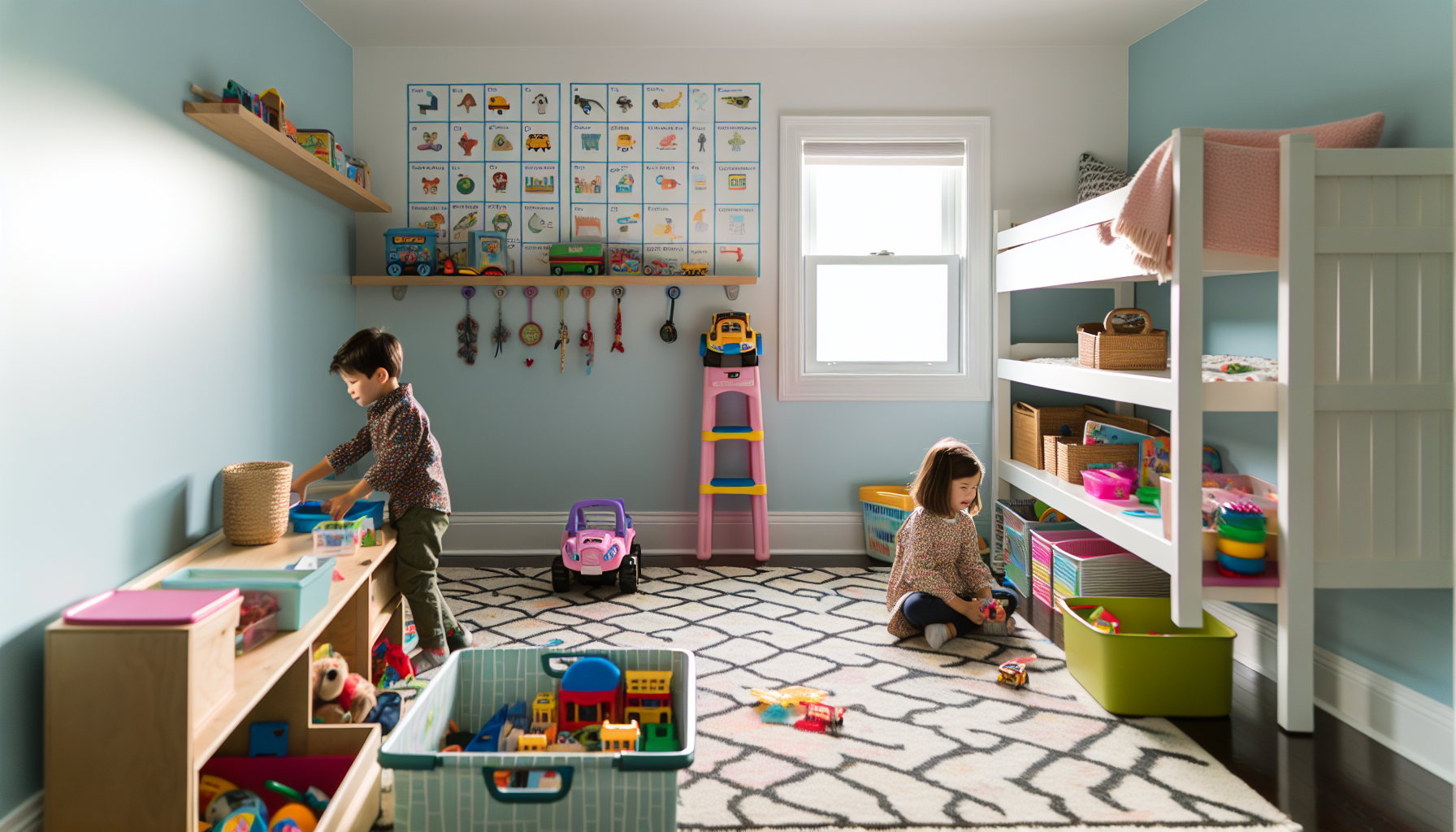 Decluttered playroom with organized toy storage
