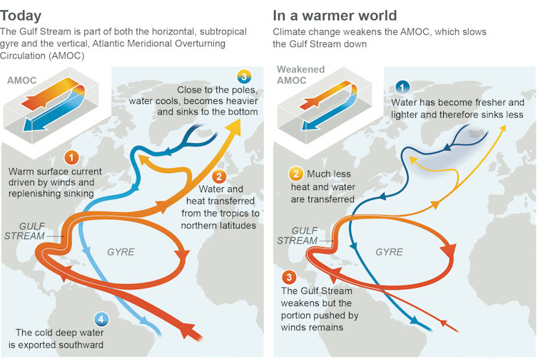 Two illustrations show how the AMOC looks today and its expected weaker state in the future