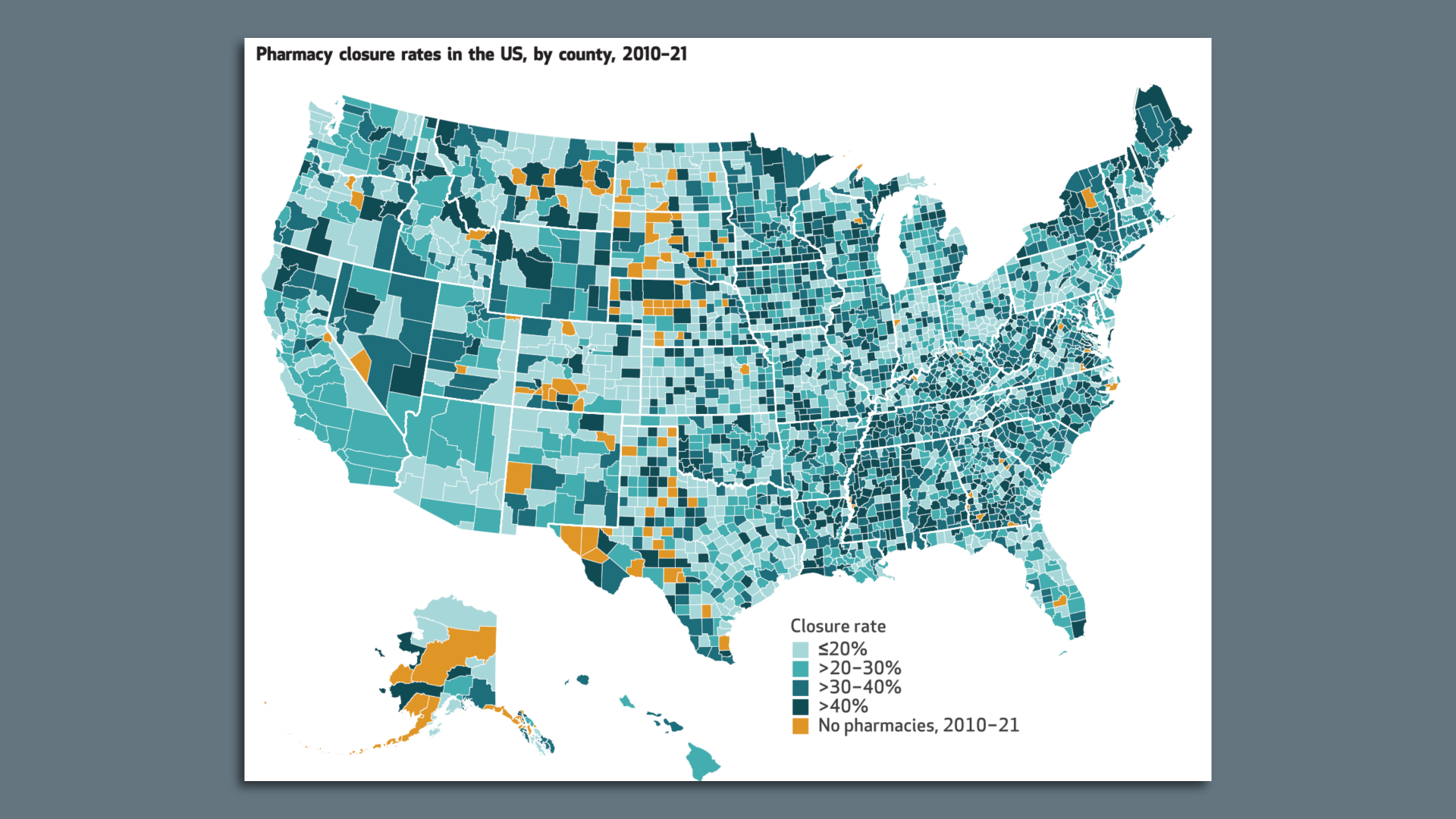 A map the pharmacy closure rate by county in the U.S. between 2010 and 2021.