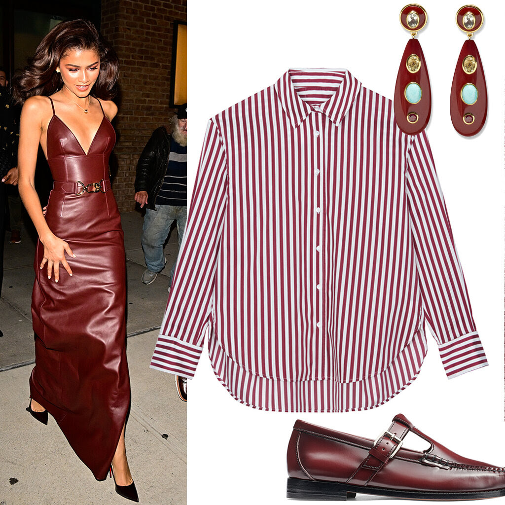 Zendaya in a burgundy dress. A burgundy shirt, earrings and shoes. 