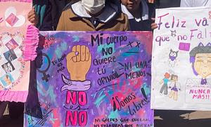 Carteles elaborados por niñas y niños de Ixtapaluca, Estado de México, alusivos a la erradicación de la violencia contra mujeres y niñas.