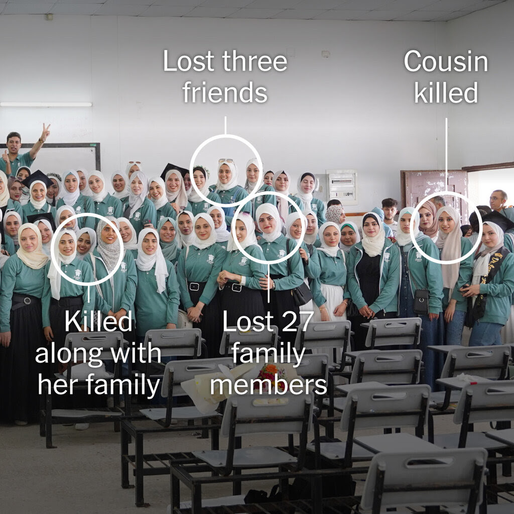 a photo of many people in a classroom, all with the same turquoise-colored outfit. many of the women are wearing white hijabs. four are identified, with white text on the screen with “cousin killed” “lost three friends” “lost 27 family members” “killed along with her family.”