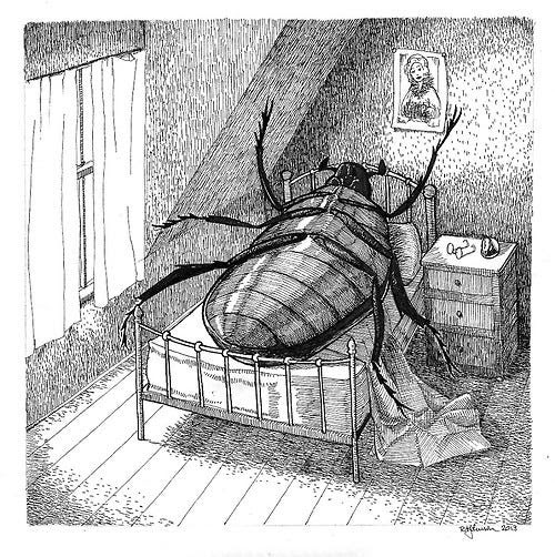 In this black and white illustration, a giant insect lies belly up on a single bed in a small bedroom.