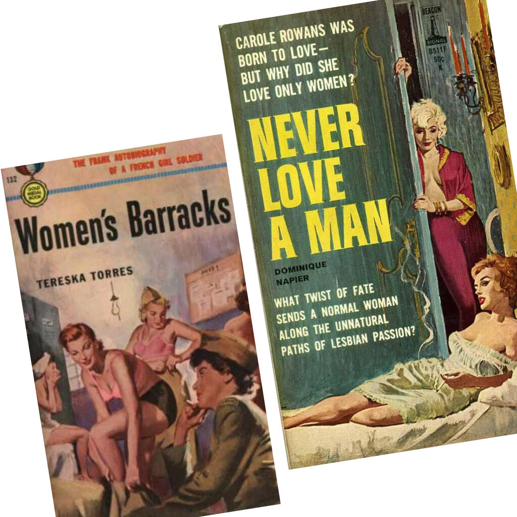 Two old paperback book covers are shown: One titled “Women’s Barracks,” the other “Never Love a Man.”