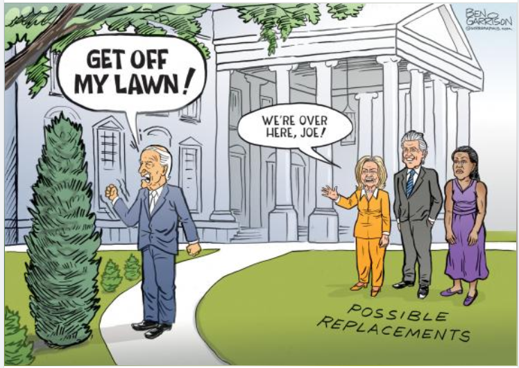 Editorial cartoon showing Biden yelling at a tree.