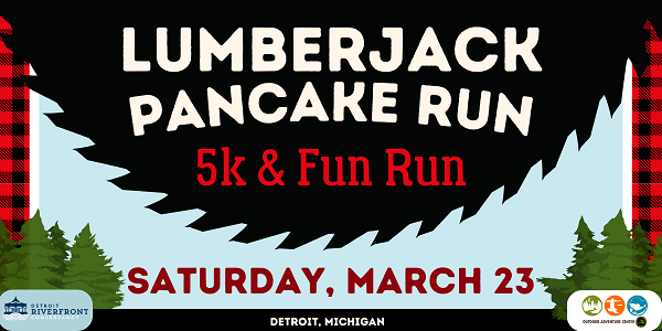 color graphic of words Lumberjack Pancake Run, 5K and Fun Run, Saturday, March 23. Design has red and black plaid, trees and saw blade