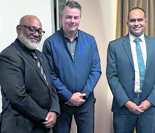 Minister in the Ministry of Energy and Energy Industries Ernesto Kesar, left, with Methanex senior vice president Dean Richardson and managing director and president of Methanex Trinidad Colin Bain at the Ministry of Energy offices in Port-of-Spain.