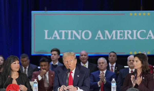 Republican presidential nominee former President Donald Trump participates in a roundtable with Latino leaders Tuesday, Oct. 22, 2024 in Doral, Fla. (AP Photo/Alex Brandon)