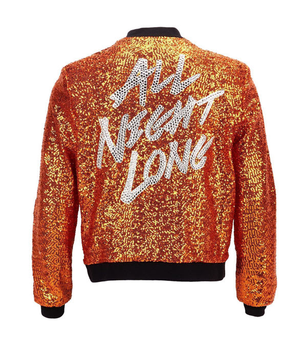 Lionel Richie’s custom-made, gold sequined performance bomber jacket featuring a large Swarovski crystal embellished All Night Long graphic