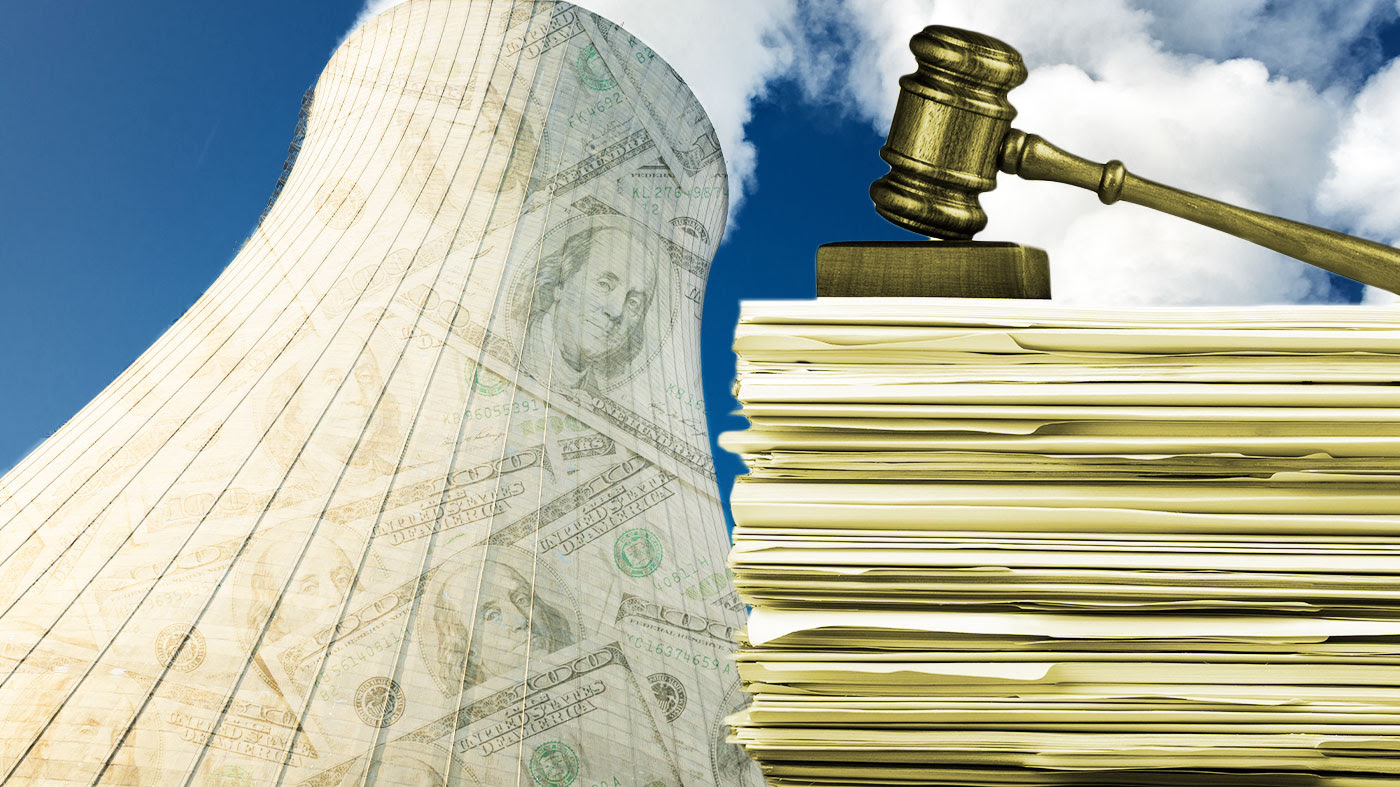 A smokestack with money on top of the image with a gavel on top of a stack of papers.