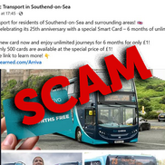 A picture of a scam Facebook post about £1 travel with the word "SCAM" in red capital letters over the top 