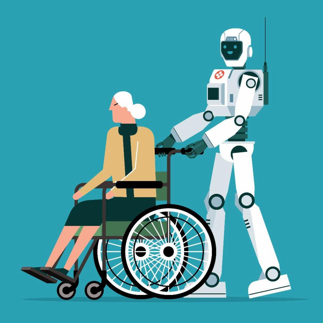 robot pushing a woman in a wheelchair