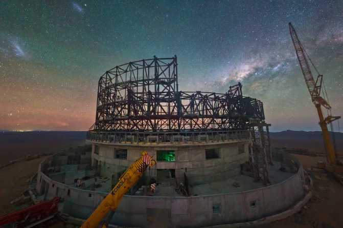 Photo of Europe's Extremely Large Telescope, as seen at night in June 2023 while under construction atop the summit of Cerro Armazones in Chile's Atacama Desert