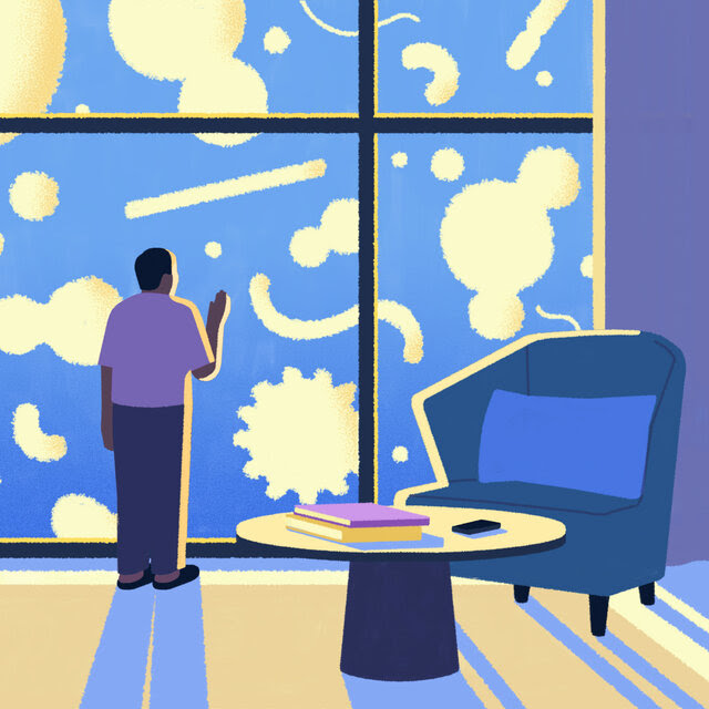 An illustration of a figure in a furnished room looking out of a window. Large germs and virus particles float outside. 