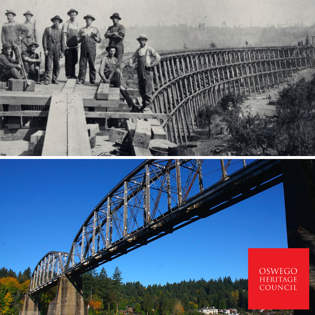 Top photo is 1910 photograph of ten men on top of a half-built bridge. Bottom photograph is current photo of the railroad bridge.