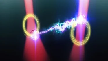 Two Particles in Two Laser Beams Are Coupled Nonreciprocally