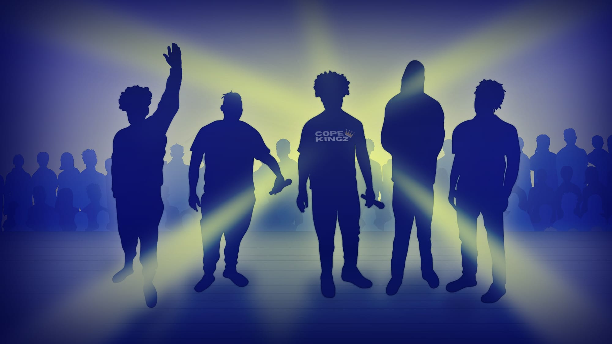 An illustration of five backlit people standing in front of the crowd. The performer second from the left and middle holds a microphone and the member in the middle wears a T-shirt with the name “Cope Kingz” on it.