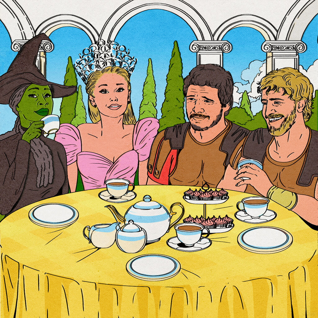 An illustration shows the main characters from "Wicked" and "Gladiator II" sitting at a table for a tea party.