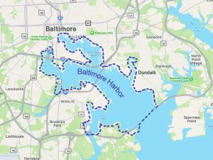 Map of the Baltimore Harbor located at the mouth of the Patapsco River. The blue, dotted outline shows where invasive fish must be caught in order to receive Reel Rewards bounty money. Anglers must provide proof of catch through iAngler to receive bounty.