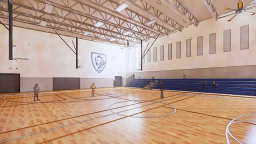 A bright school gym with children a basketball hoop 
and a school crest on the wall.
