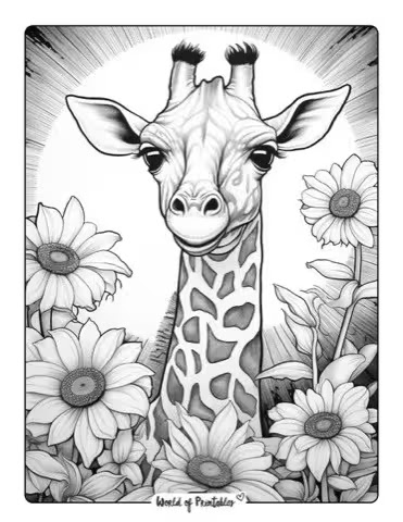 Giraffe-B-W-Sunflowers