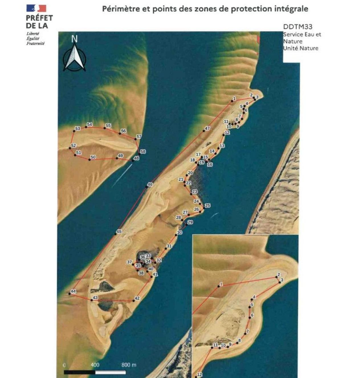 Voilà la carte des zones de protection intégrale de la réserve naturelle nationale du banc d’Arguin pour l’année 2025.
