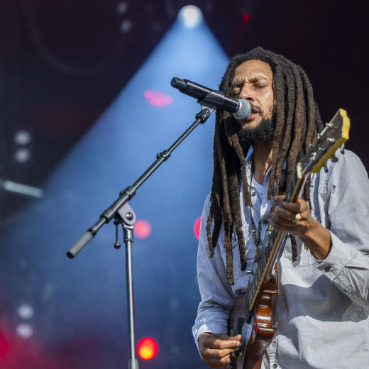 British Jamaican reggae musician Julian Marley performs, on the main stage during the 47th edition of the Paleo Festival in Nyon, Switzerland, Thursday, July 25, 2024. The Paleo is an open-air music festival attended above 250'000 spectators over six days and will take place from 23 to 28 July. (KEYSTONE/Martial Trezzini)