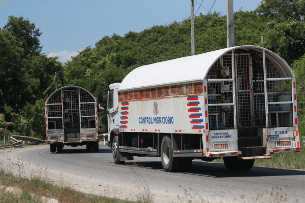 Truck with trailer filled with cages labeled 