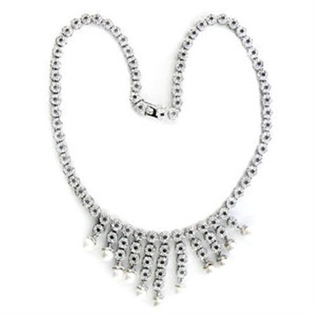 7X407 - Rhodium Brass Necklace with Synthetic Pearl in White