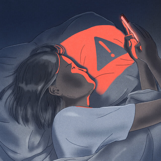 An illustration of a girl lying in bed in a darkened room. The glow from her phone illuminates her pillow with a warning sign, a triangle with an exclamation point inside it.