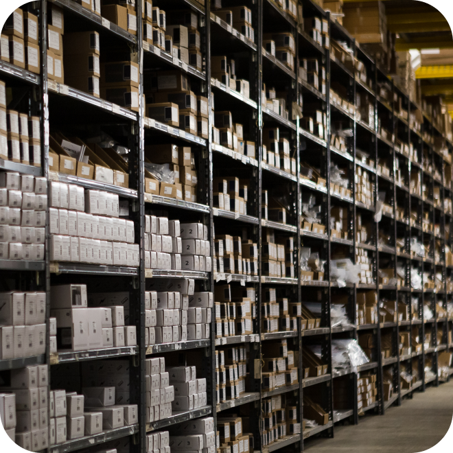 Photo of warehouse shelves stocked with product