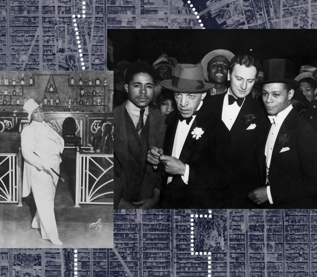 A black and white photo of Gladys Bentley and a black and white photo of Jimmie Daniels in a group of men overlaid on top of a map of Harlem.