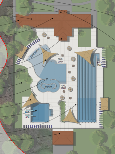 A rendering of Option A with unattached lap lanes for the City Park Pool Redesign.